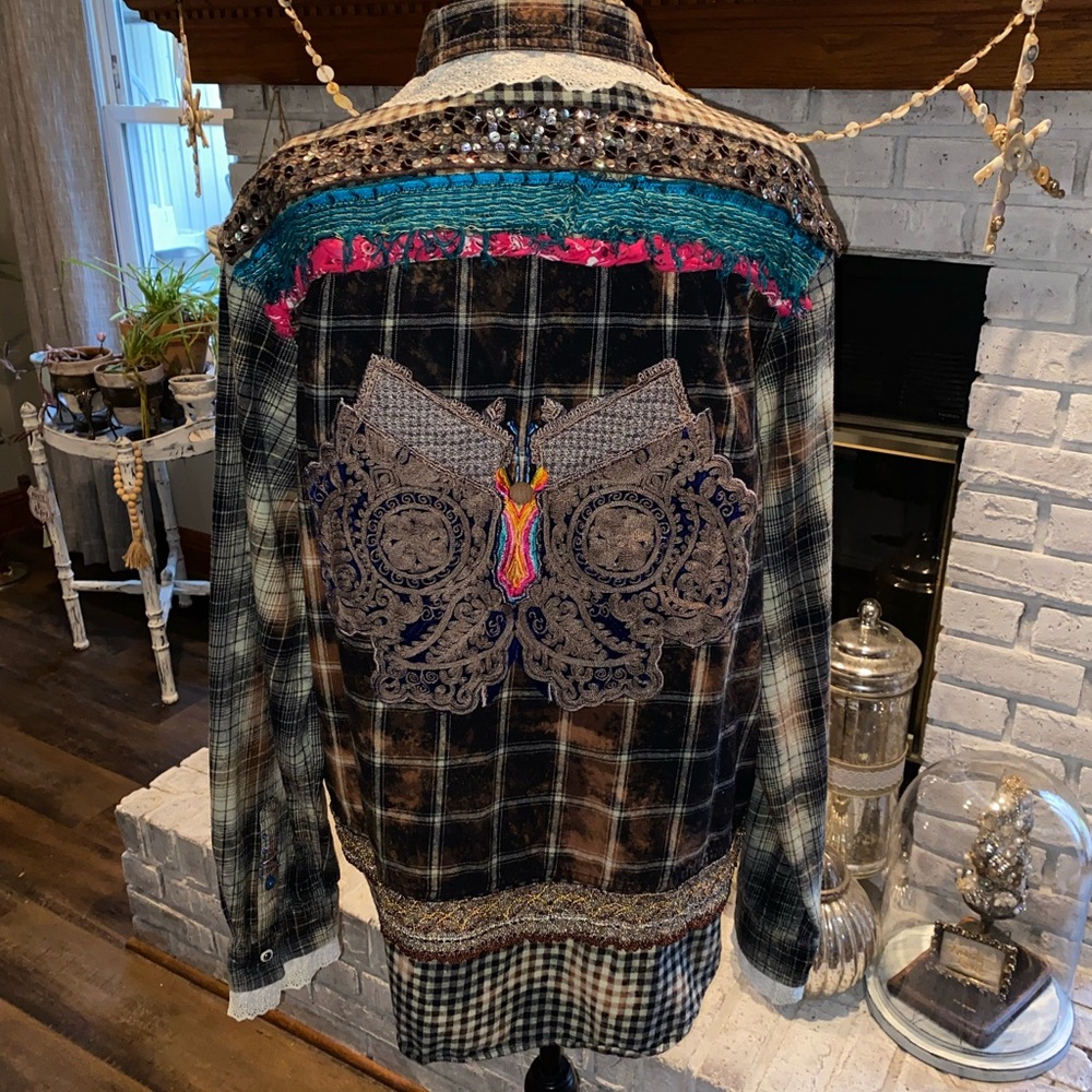 STUNNING XL OOAK Upcycled Flannel Top SO MANY Details Appliqués Embroidery Lace